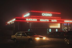 Modern architecture of an integrated resort and global gambling regulation map