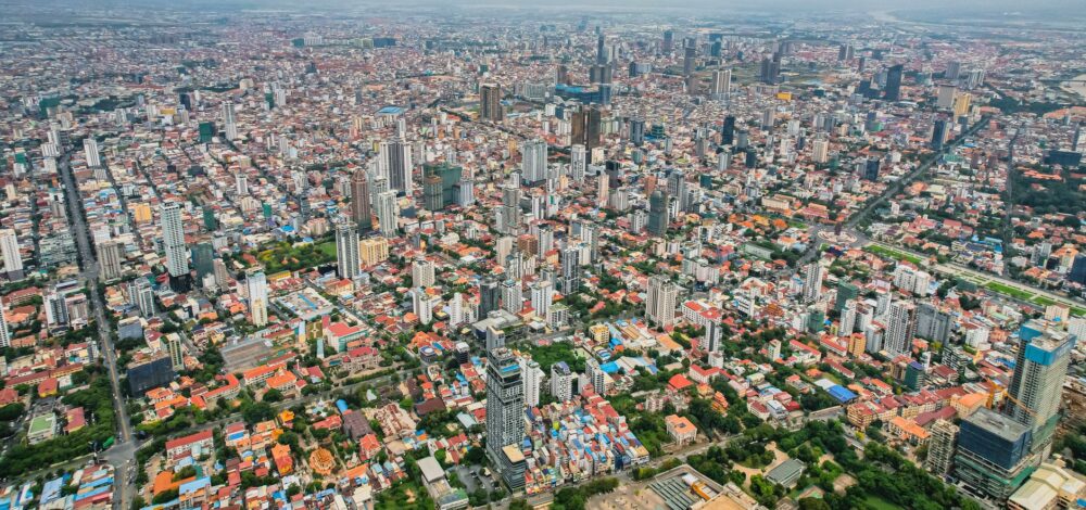 Aerial view of Phnom Penh city with Mekong river