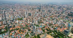 Aerial view of Phnom Penh city with Mekong river