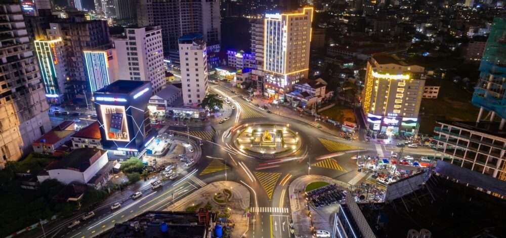 Aerial view of Sihanoukville modern cityscape and casino resorts