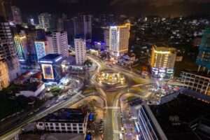 Aerial view of Sihanoukville modern cityscape and casino resorts