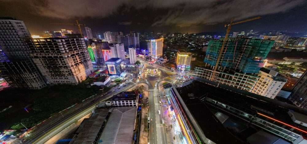 Aerial view of Sihanoukville city skyline and casinos