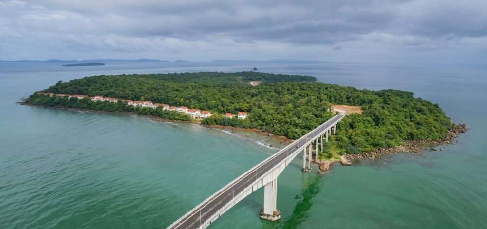 Aerial view of Sihanoukville city skyline and coastal casinos