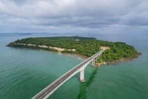 Aerial view of Sihanoukville city skyline and coastal casinos