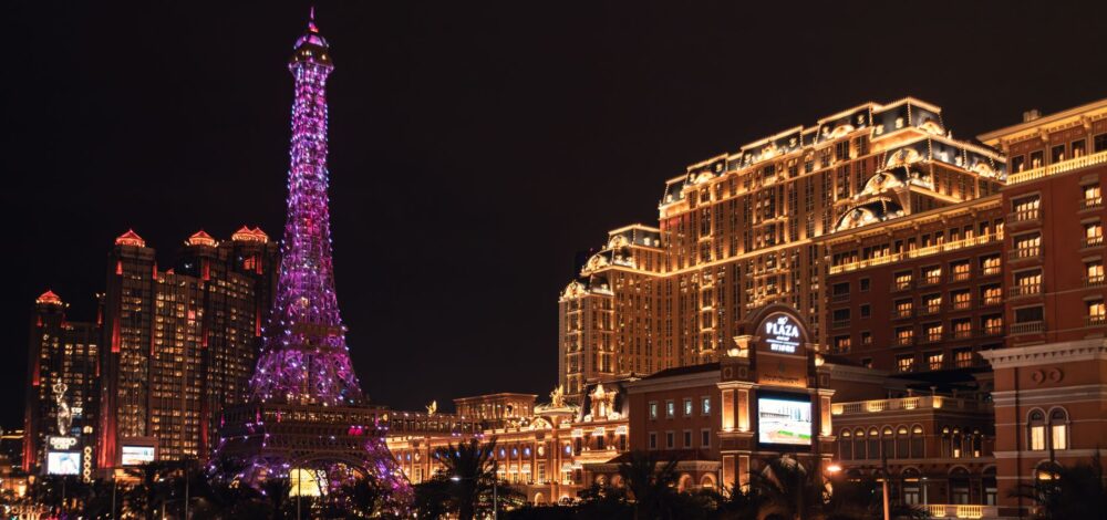 Aerial view of Cotai Strip casinos at night in Macau