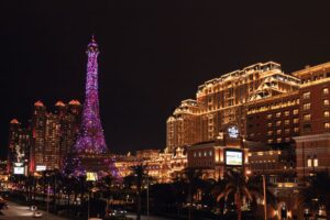 Aerial view of Cotai Strip casinos at night in Macau
