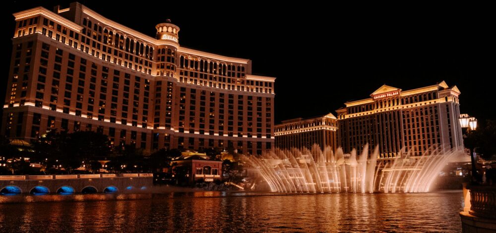 Modern casino resort exterior in Nevada at dusk