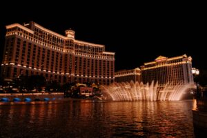 Modern casino resort exterior in Nevada at dusk