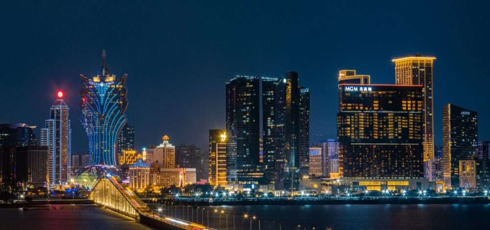 A vibrant view of the City of Dreams complex in Macau at night