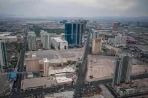 Aerial view of casino resorts in Cambodia showing urban and border gaming zones
