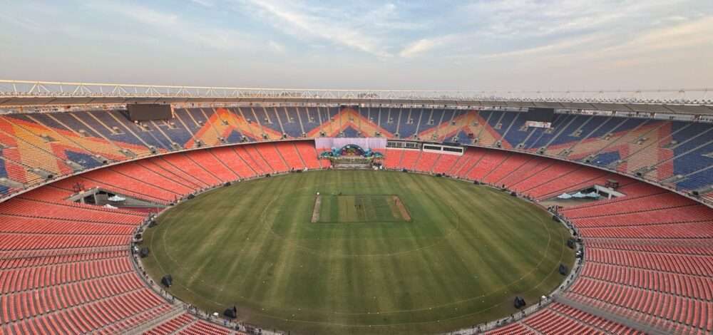 Cricket stadium with digital betting interface overlay