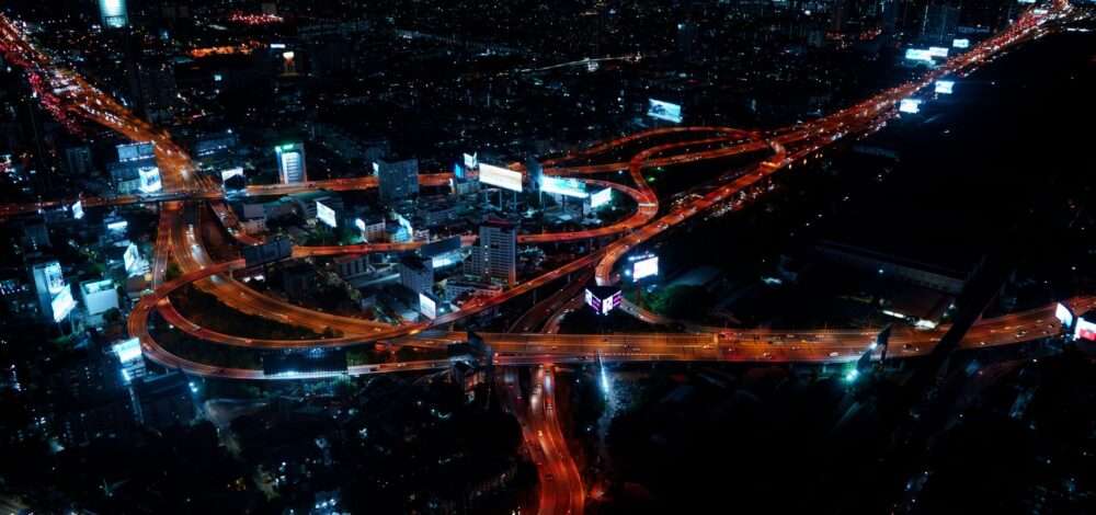 Modern urban landscape of Bangkok skyline at night