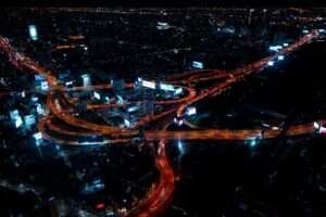Modern urban landscape of Bangkok skyline at night