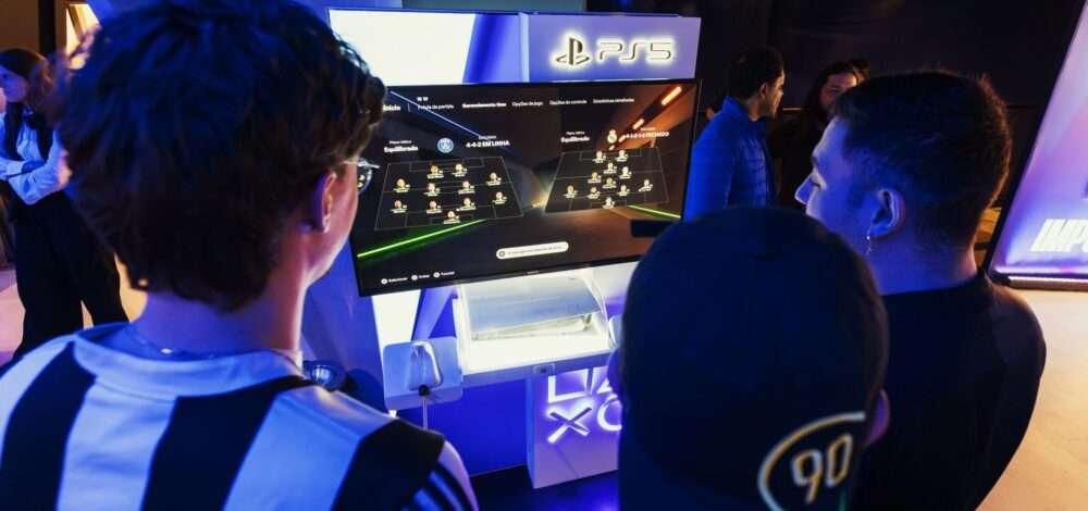 A futuristic slot machine interface displayed at a global gaming exhibition.