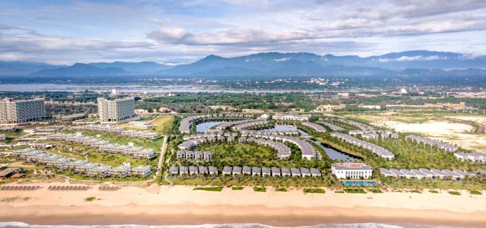 Modern integrated casino resort in Vietnam at sunset
