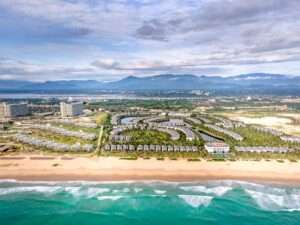 Modern integrated casino resort in Vietnam at sunset