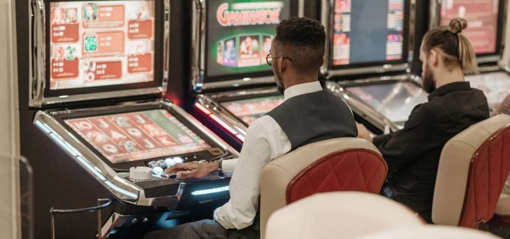 Digital slot machine interface with vibrant graphics and UI design