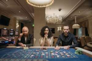 Modern casino interior in London with sophisticated lighting and gaming tables
