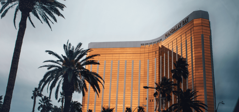 Aerial view of Las Vegas strip and conceptual design of Osaka IR