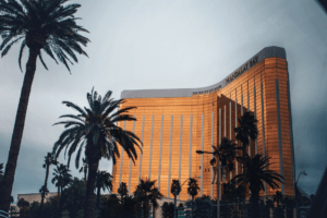 Aerial view of Las Vegas strip and conceptual design of Osaka IR