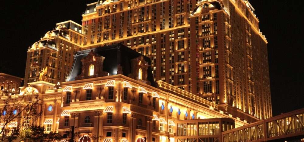 Aerial view of Macau casinos and tourism infrastructure at night