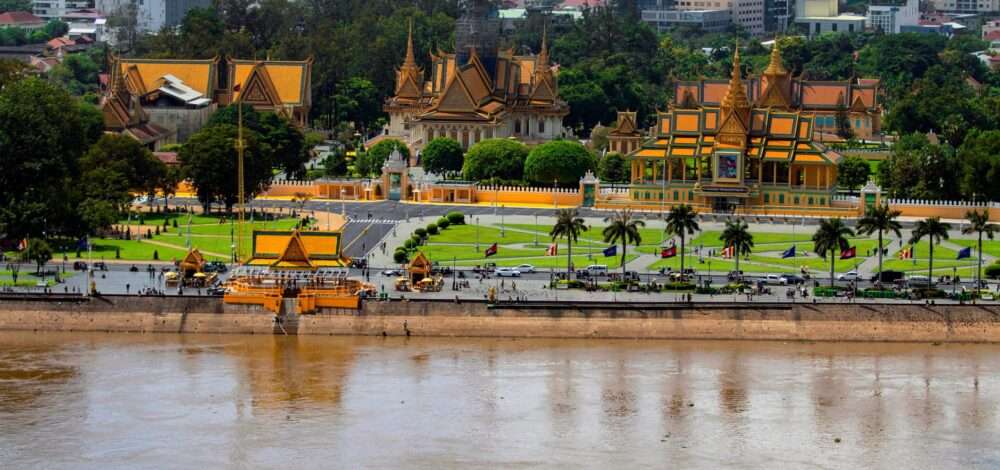 A view of NagaWorld casino complex in Phnom Penh at sunset