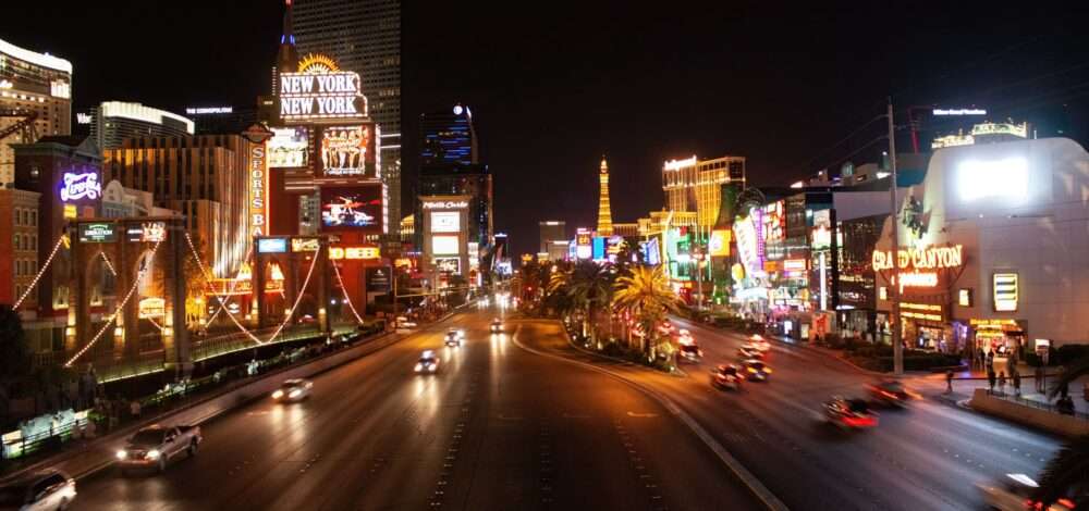 Aerial view of Las Vegas Strip at night with illuminated casinos