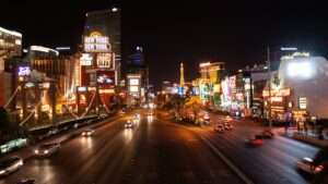 Aerial view of Las Vegas Strip at night with illuminated casinos