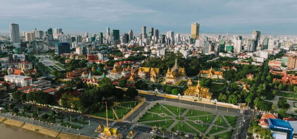 Aerial view of Phnom Penh city skyline with casino architecture