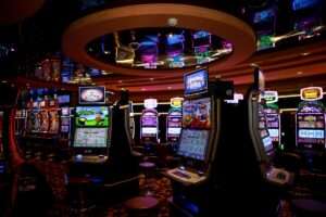 Innovative slot machine technology display in a modern casino floor