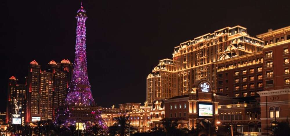 Aerial view of Cotai Strip at night with illuminated casinos