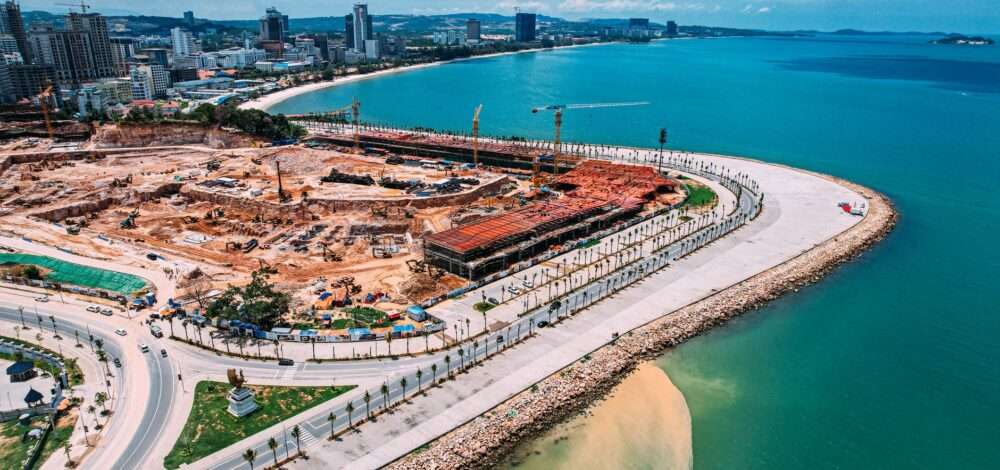 Aerial view of Sihanoukville city skyline with casinos