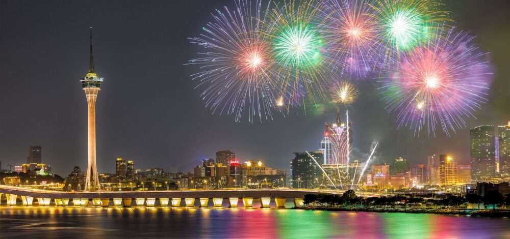 Aerial view of Cotai Strip, Macau with illuminated resorts