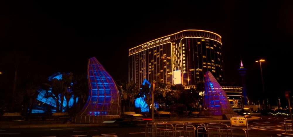 Modern casino architecture in Vietnam during sunset