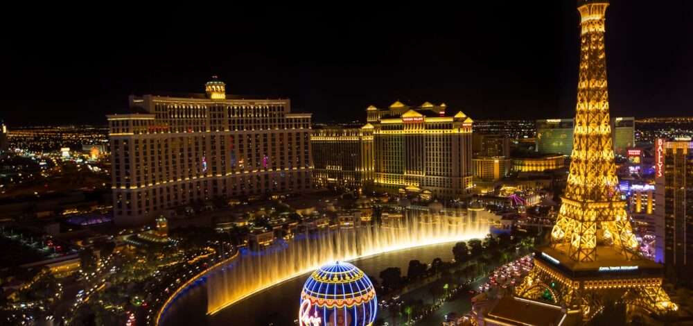 Las Vegas strip at night showing neon lights and casinos