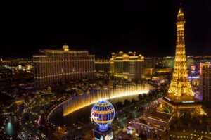 Las Vegas strip at night showing neon lights and casinos