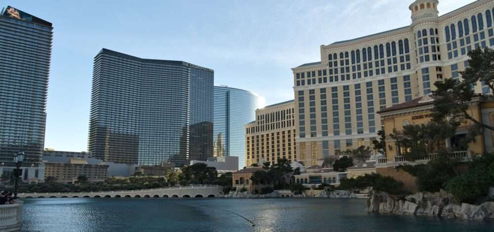 Las Vegas Strip casinos at dusk featuring Caesars Palace and MGM Grand