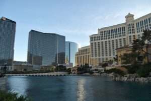 Las Vegas Strip casinos at dusk featuring Caesars Palace and MGM Grand