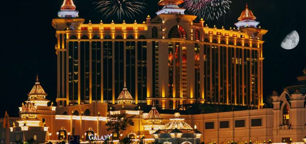 Aerial view of the Cotai Strip casino resorts in Macau at night